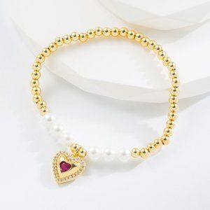 3/$35 Gold Plated Stretch Heart Charm Bracelet Copper Pearl Beads Cubic Zirconia